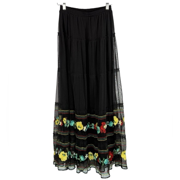 Double D Ranch Dresses & Skirts - Double D Ranch Western Black Multi Linen Lace Embroidered Floral Maxi Skirt XS‎